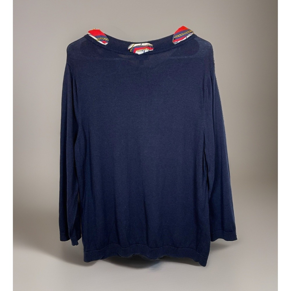 TALBOTS Sweater Womens Sz XL Silk Scarf Classic Navy Blue Cotton Tencel Nautical - Picture 6 of 7